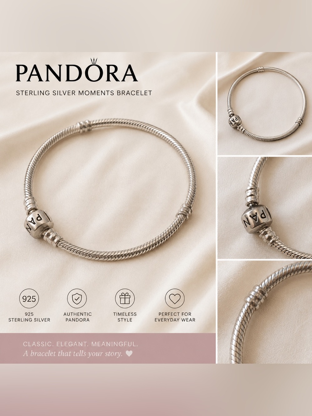 Pandora Silver Snake Chain Bracelet with Logo Clasp - Size 21